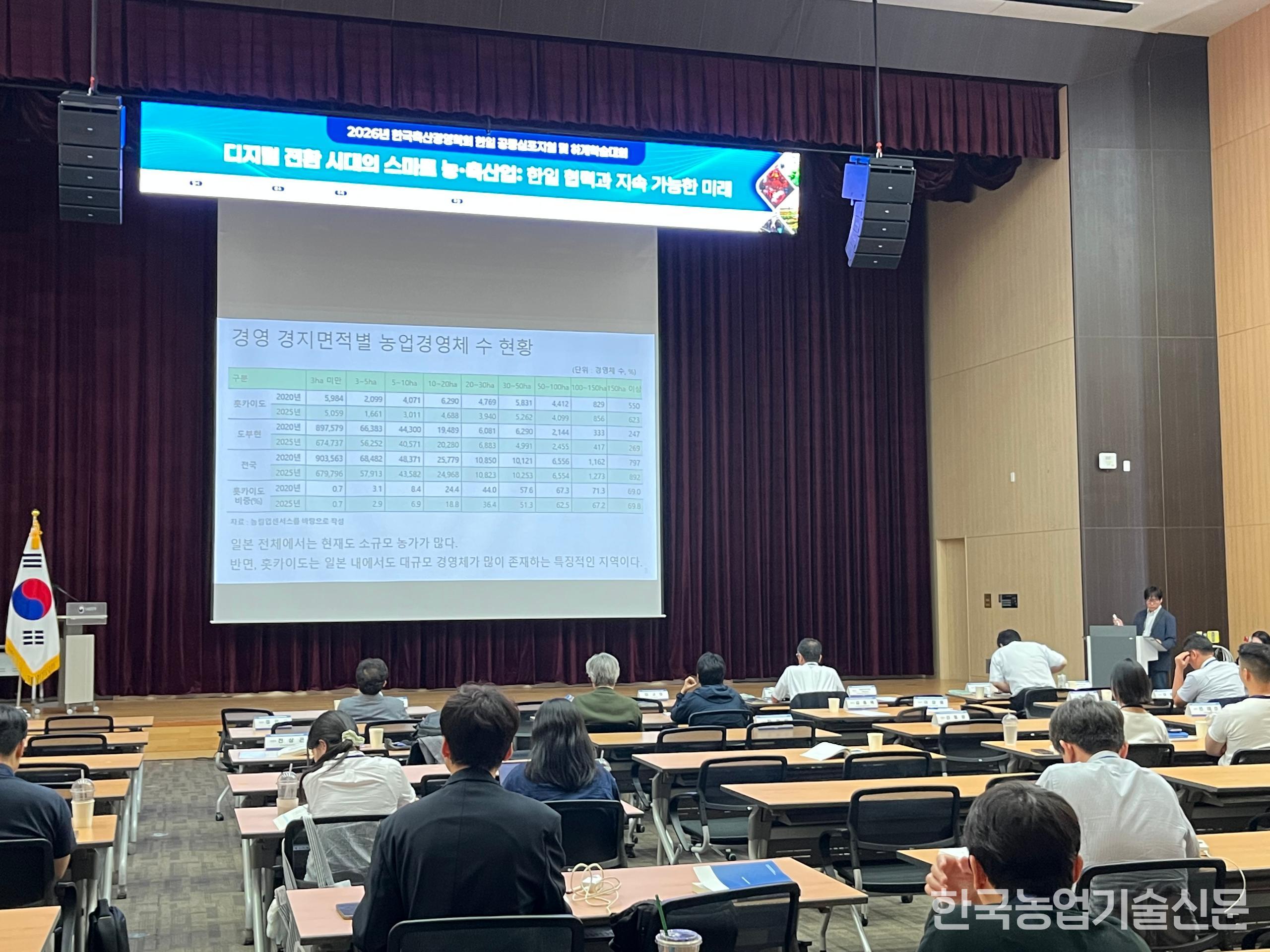 한국축산경영학회 학술 대회에서 오비히로축산대학의 미야케 슌스케(三宅 俊輔) 교수가 발표를 진행하고 있다.